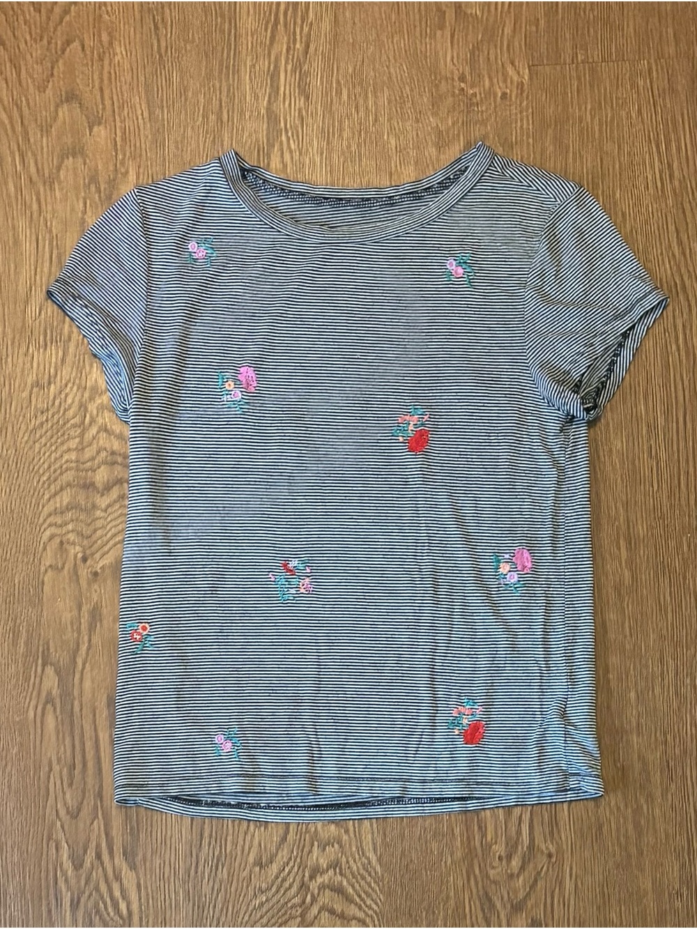 American Eagle Outfitters Navy & White Striped Floral Embroidered Muscle Tee- XS